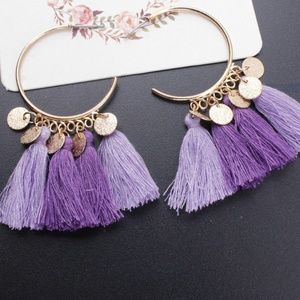 Boho Hoop Fringe Earrings Purple Multi